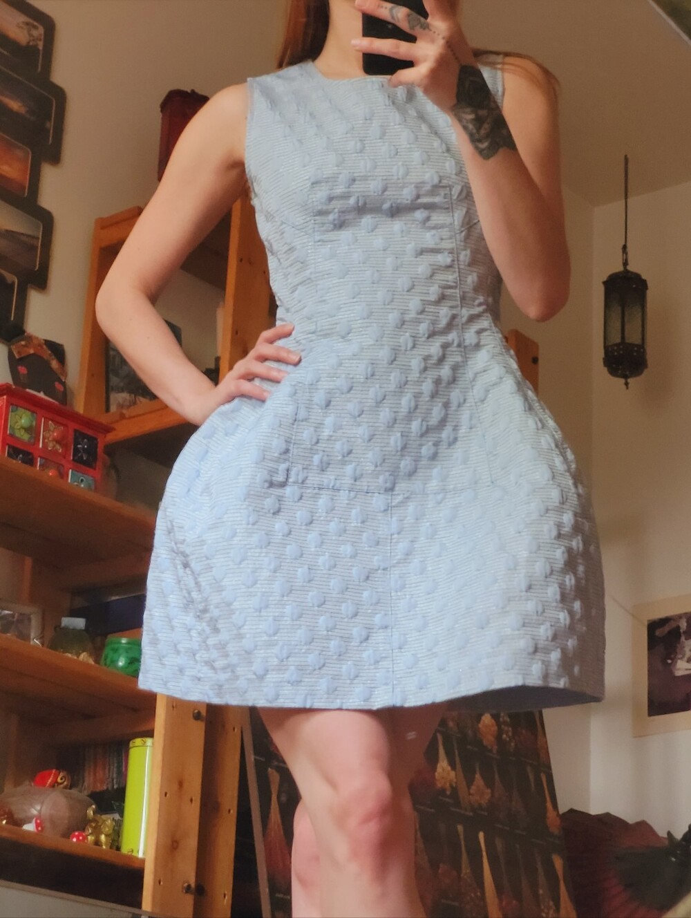 Pinko Light Blue Textured Sleeveless Ballerina Structured Mini Dress - Size 6